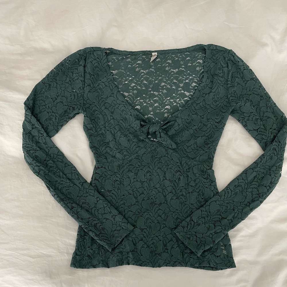 Free people - green long sleeve lace top, size XS